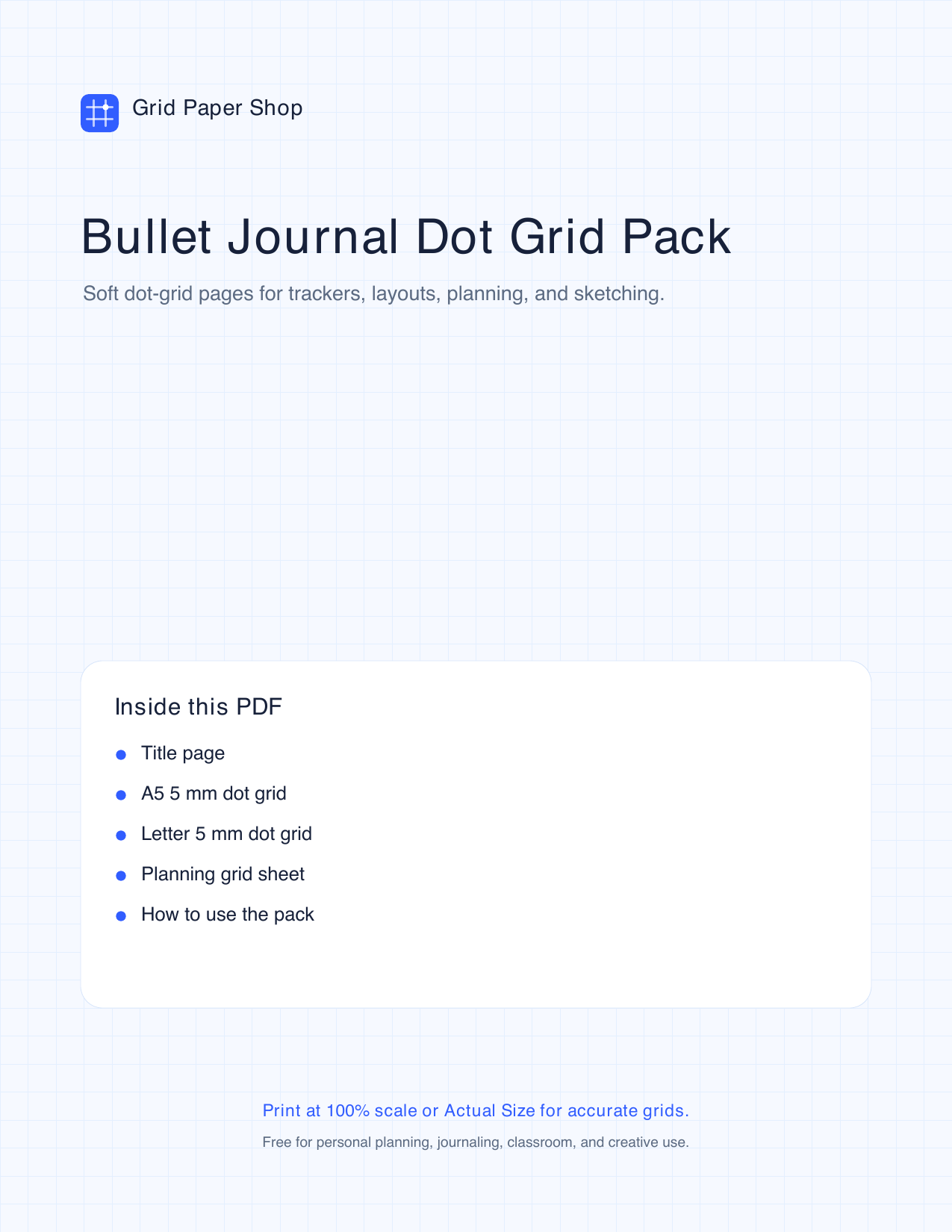 Cover page of the bullet journal dot grid pack