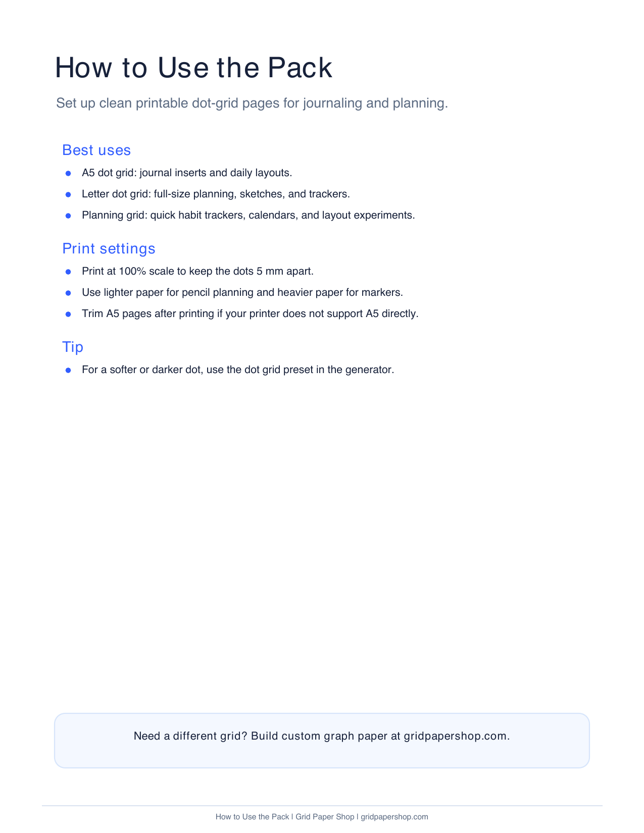 How to use the bullet journal dot grid pack page