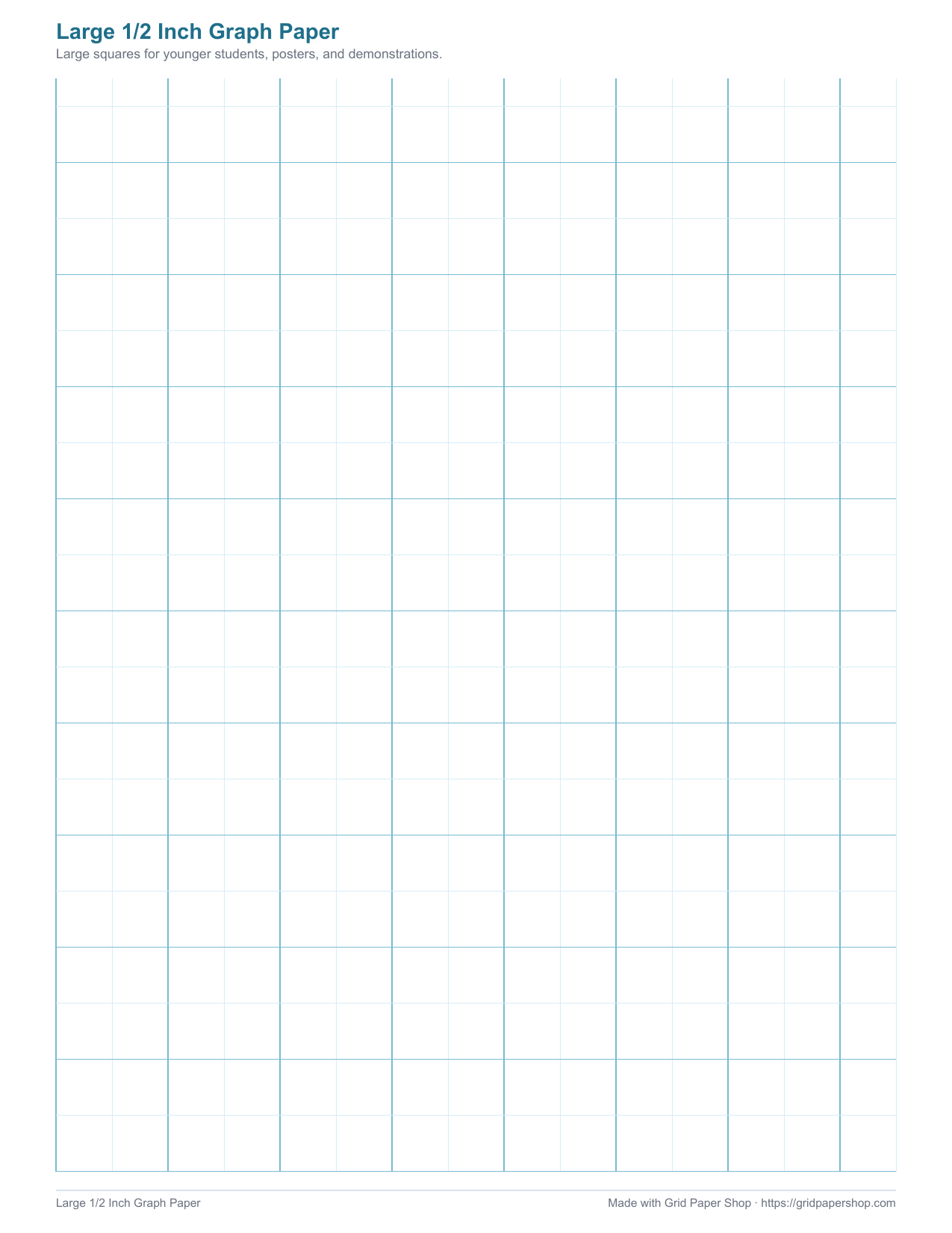Large 1/2 inch graph paper page with big squares for younger students and posters