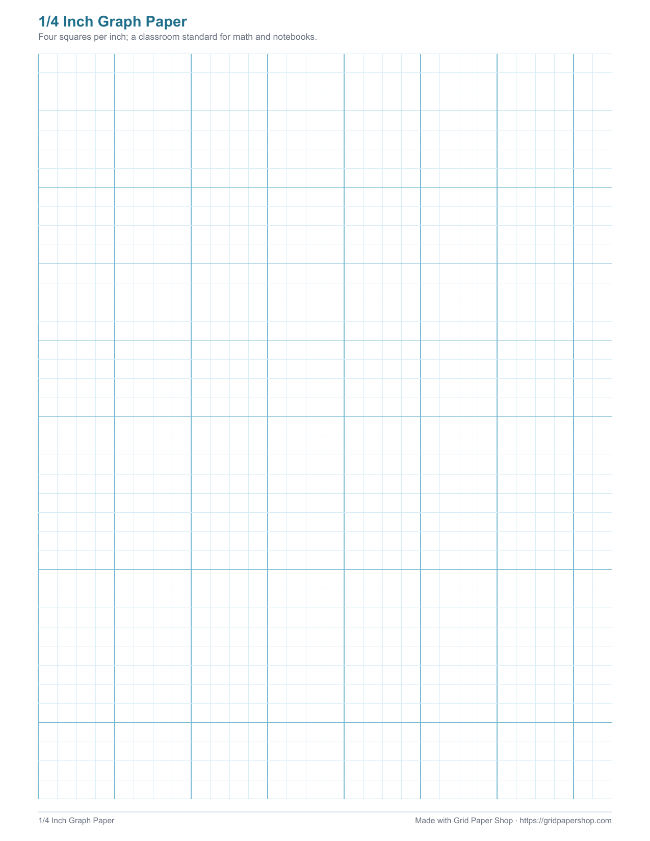 1/4 inch graph paper page — four squares per inch for math and notebooks