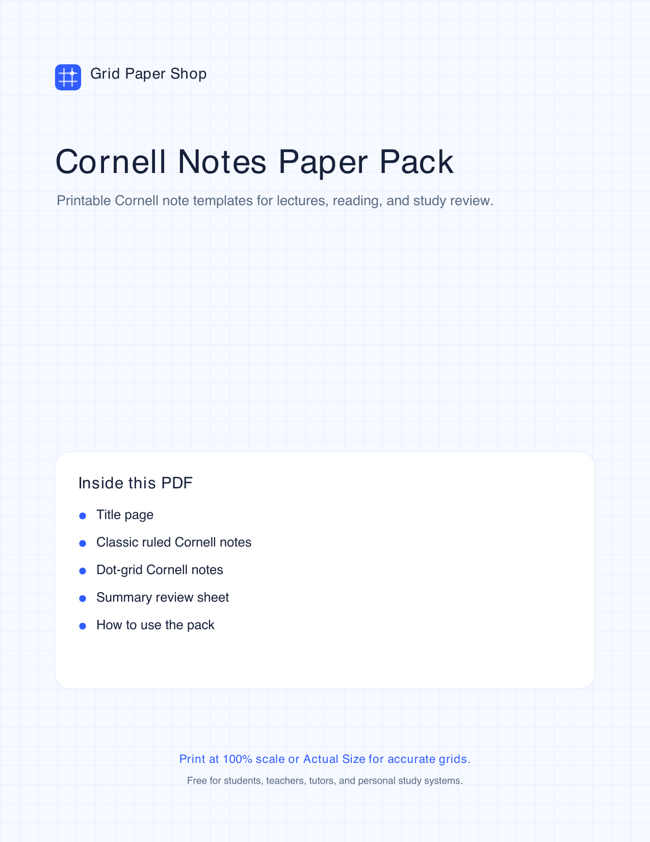 Cover page of the Cornell notes paper pack