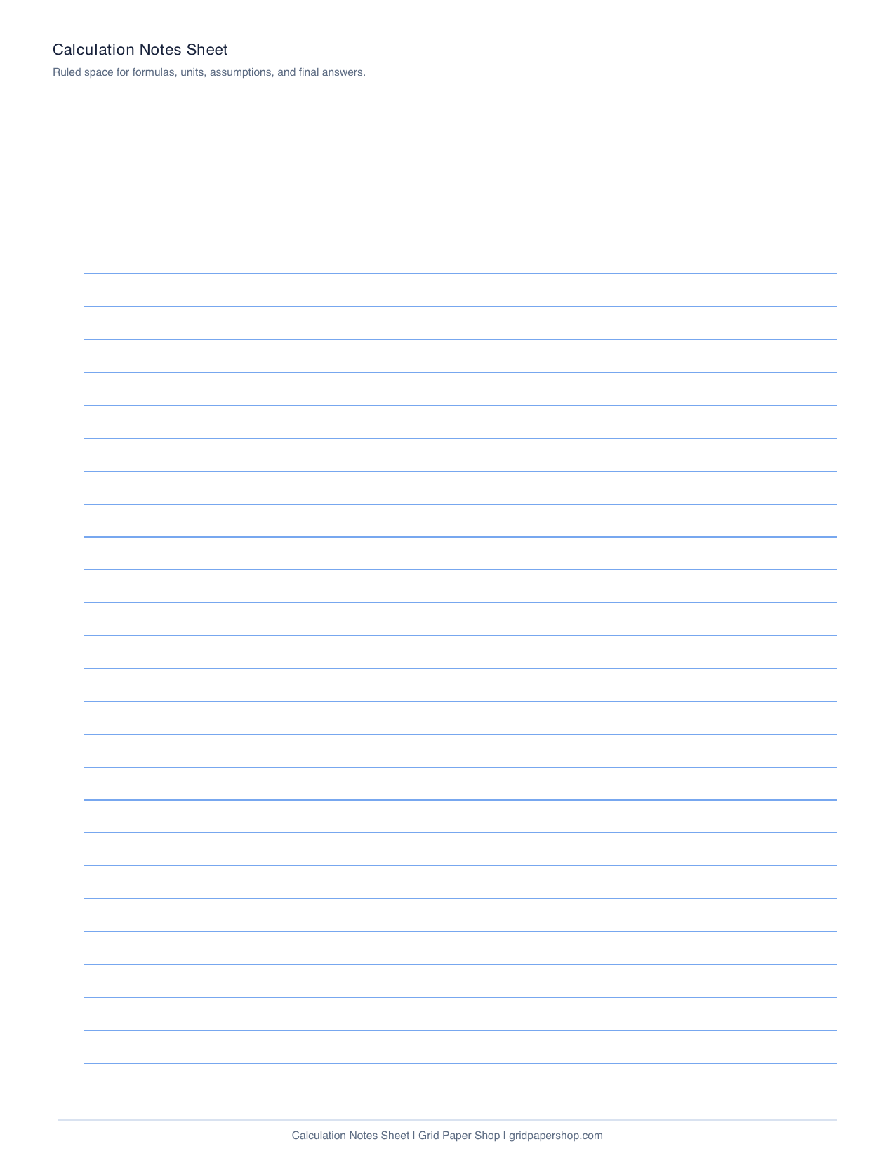 Calculation notes sheet with clean ruled lines