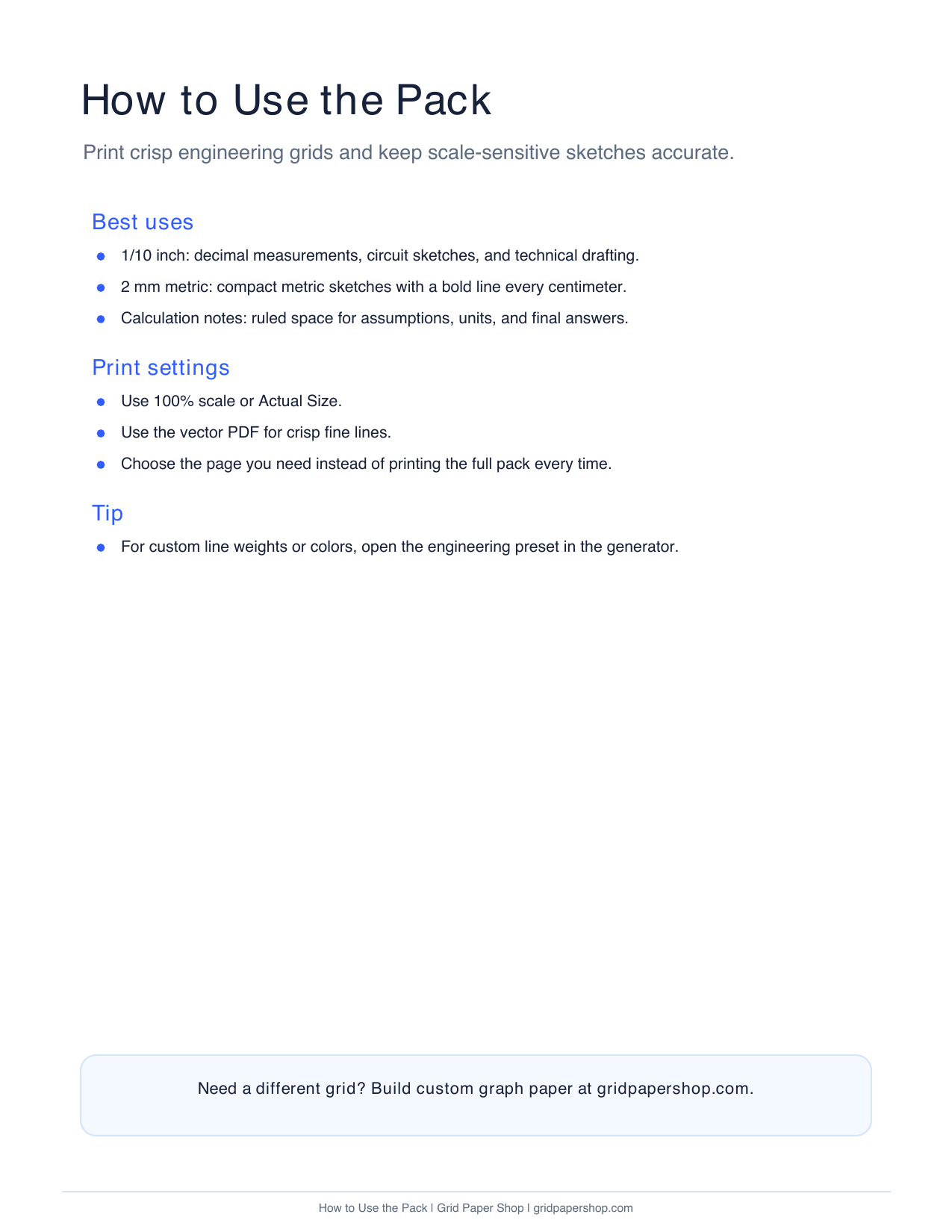 How to use the engineering graph paper pack page