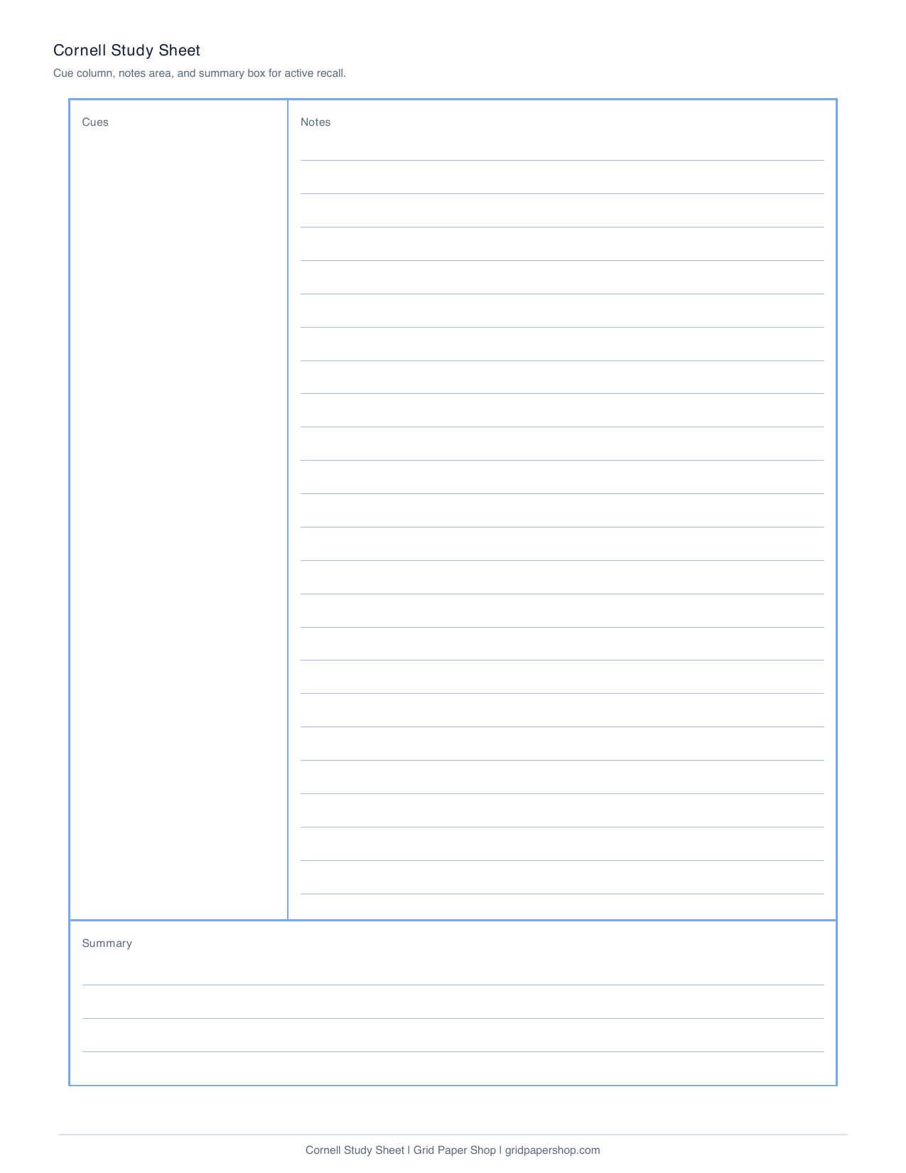 Cornell study printable page for active recall